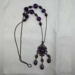 Vintage Mughal Revival Amethyst Necklace Silver Filigree Dangle Pendant India